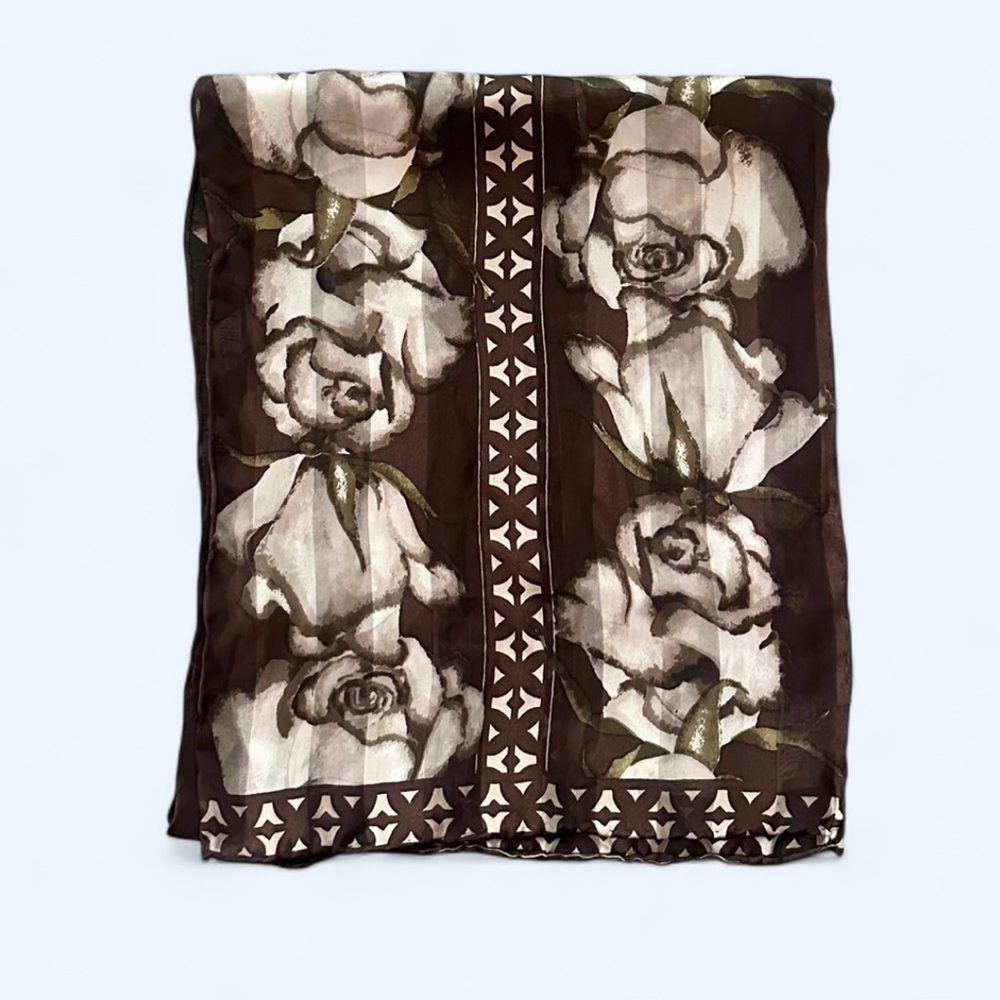 Vintage 1990s Floral Rose Burgundy 100% Silk Rectangular Scarf 10x52